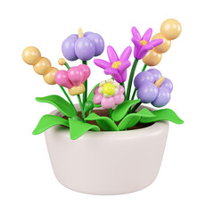 3ก colorful flower in plant pot. Floral arrangement garland. icon isolated on white background. 3d rendering illustration. Clipping path