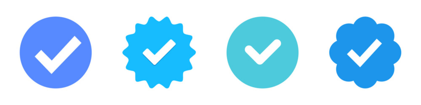 Set of blue checkmarks. Blue tick Facebook, Instagram, Tiktok and Twitter. Profile verification icon. Vector. VINNITSA, UKRAINE - MAY 20, 2023