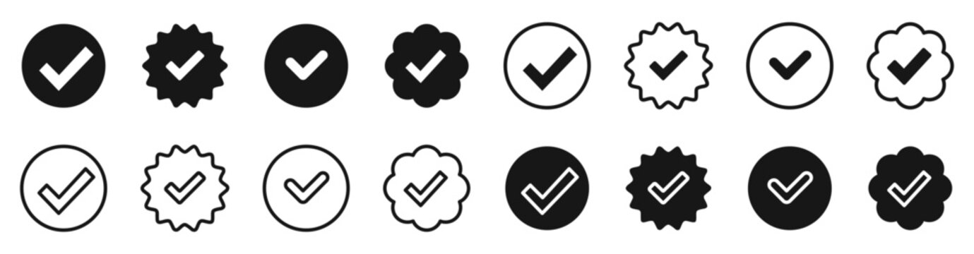 Set of check marks icons. Profile verification icon. Checkmark Facebook, Instagram, Tiktok and Twitter. Vector. VINNITSA, UKRAINE - MAY 20, 2023