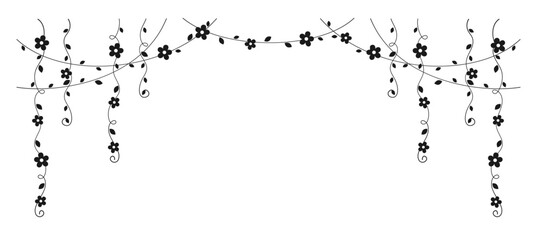 Hanging vines with flowers silhouette vector illustration. Simple minimal floral botanical vine curtain design elements for spring.