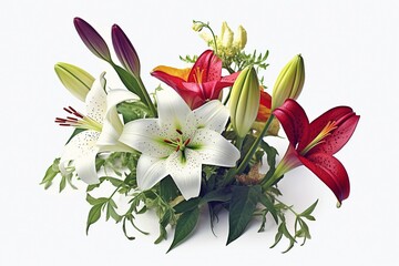 Purity Ensemble: Isolated Assortment of Lilies Against a White Background - AI Generative - obrazy, fototapety, plakaty
