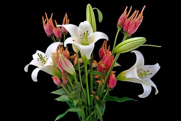 Nocturnal Ensemble: Isolated Assortment of Lilies Against Dark Background - AI Generative