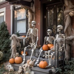 Halloween Decorations Near the House Skeleton and Pumpkins. Generative AI