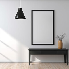 Empty wooden picture frame mockup hanging on white wall background. flowers in Working space, home office. Art, poster display. Modern interior. Generative AI