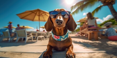 Fototapeta na wymiar Dog Wearing Summer Shirt with Sunglasses on Tropical Beach. Generative AI