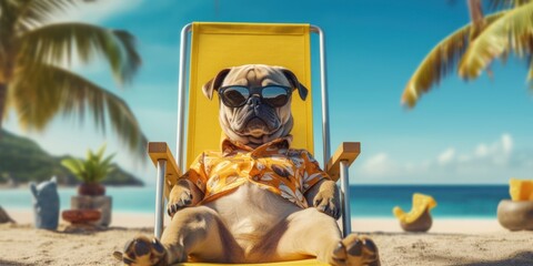 Obraz premium Dog Wearing Summer Shirt with Sunglasses Relax on Beach Chair. Generative AI