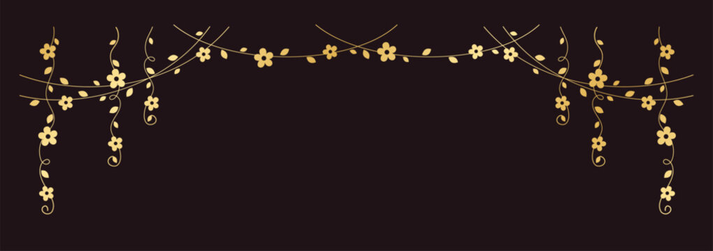 Gold vines with flowers vector illustration. Simple minimal golden floral botanical curtain design elements for spring.