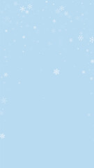 Snowy christmas background. Subtle flying snow flakes and stars on light blue winter backdrop. Delicate sweet snowy christmas. Vertical vector illustration.