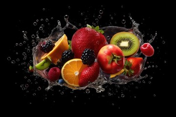 Fototapeta na wymiar Fresh Fruits With Splash on Black Background. Generative Ai