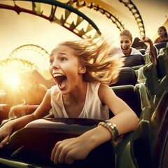 Unforgettable Excitement: Woman Enjoys Thrilling Rollercoaster Ride at Amusement Park, Created with Generative AI and Other Techniques - obrazy, fototapety, plakaty
