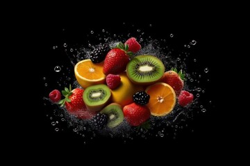 Fototapeta na wymiar Fresh Fruits With Splash on Black Background. Generative Ai