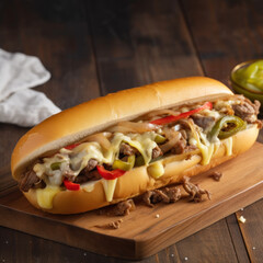 Delicious Cheesesteak Close-Up with Fresh Peppers and Onions, Created with Generative AI and Other Techniques