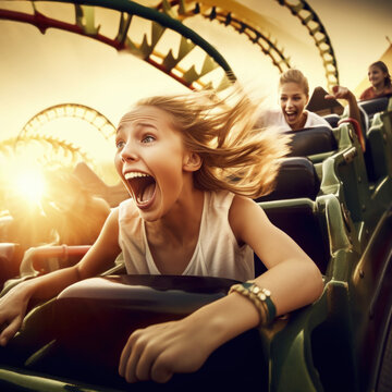 Unforgettable Excitement: Woman Enjoys Thrilling Rollercoaster Ride At Amusement Park, Created With Generative AI And Other Techniques