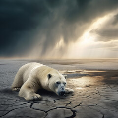 Obraz na płótnie Canvas The Climate Plight: A Lamenting Polar Bear on Barren Terrain - A Global Warming Narrative Created with Generative AI and Other Techniques