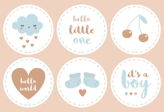 Naklejki It's a Boy. Round Shape Vector Stickers. Lovely Baby Shower Party Decoration ideal for Tag, Toppers, Candy Bar. Smiling Cloud with Rain of Hearts, Baby Boots, Heart and Cherry on a White Background. 