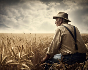Naklejka na ściany i meble Serene Harvest: A Thoughtful Farmer Amidst a Golden Wheat Field - Photo Art Created with Generative AI and Other Techniques