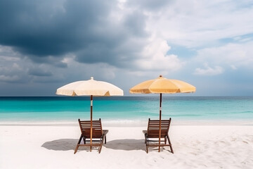 Fototapeta na wymiar Beautiful beach banner, White sand chairs and umbrella travel tourism wide panorama background concept, Amazing beach landscape