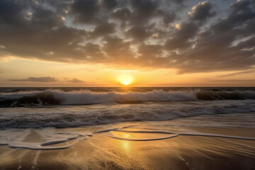 Fototapeta na wymiar Beach sunrise with light waves and some clouds