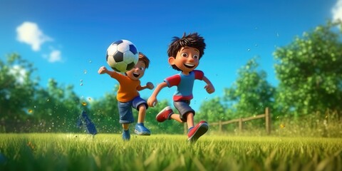 Obraz na płótnie Canvas Children Character playing football in Countryside, Dream of future footballer concept. Generative AI