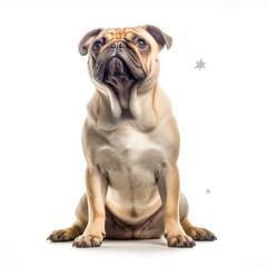 Obraz premium pug, dog, animal, puppy, pet, isolated, white, cute, canine, breed, mops, portrait, mammal, sitting, purebred, white background, pets, funny, adorable, domestic, brown, small, pedigree, animals, frien