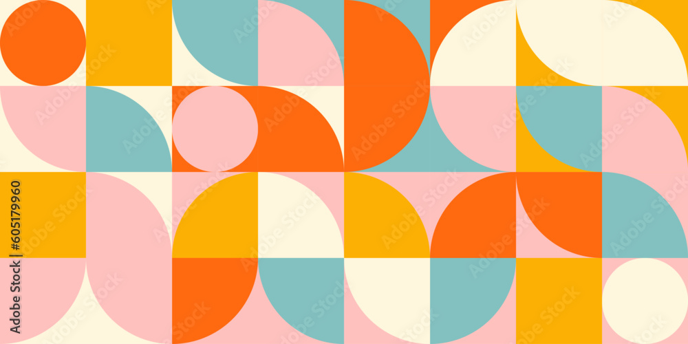 Poster Retro geometric aesthetics. Bauhaus and avant-garde inspired vector background with abstract simple shapes like circle, square, semi circle. Colorful pattern in nostalgic pastel colors.