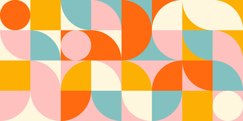 Retro geometric aesthetics. Bauhaus and avant-garde inspired vector background with abstract simple shapes like circle, square, semi circle. Colorful pattern in nostalgic pastel colors. - 605179960