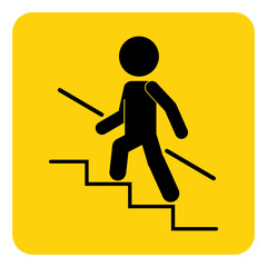 Printable  design label sticker of black stick man walking or climbing down stair or ladder with handrail in square rectangle yellow background, graphic resource for safety building sign, indoor infor