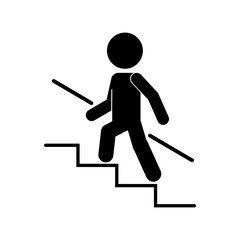 Isolated illustration of black stick man walking or climbing up stair or ladder with handrail, graphic resource for safety building sign, indoor information label