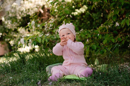 Happy little girl is playing in spring garden. Charming one-year-old girl in pink jumpsuit enjoys walk in fresh air. Child is sitting on green grass