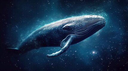 whale is flying in space among stars and Milky Way. Children's surreal dreamy dream. Generative AI illustration