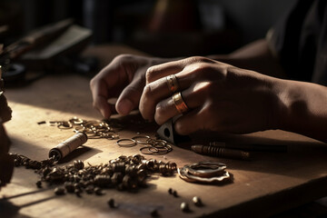 An image depicting a local artisan skillfully crafting handmade jewelry, with a close-up focus on the hands, tools, and unique materials, illustrating creativity and craftsmanship.