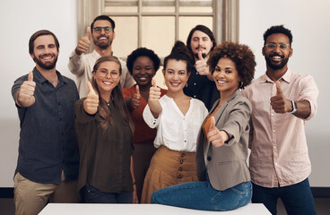 Professional, group and portrait with thumbs up with happiness in the office. Business, people and diversity with thumb like for teamwork with joy at a company for recommending good service.