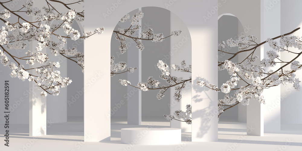 Wall mural japanese style architect and sakura tree with podium white background for product presentation .3d r