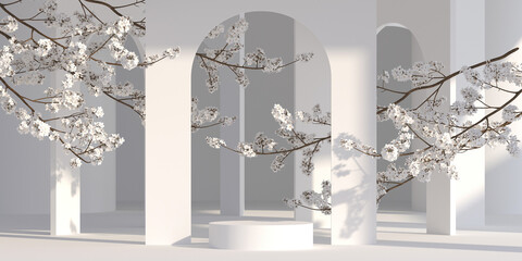 japanese style architect and sakura tree with podium white background for product presentation .3d rendering,illustration.