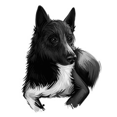 Russo-European Laika dog portrait isolated on white. Digital art illustration of hand drawn dog for web, t-shirt print and puppy food cover design. Russko-Evropeikaya Laika, dark with white patches.