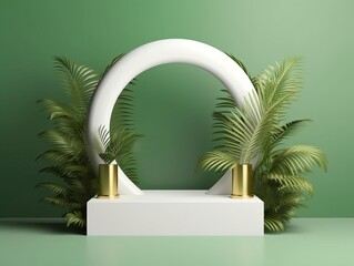 White product podium with both side green tropical palm leaves and a white round arch on a green wall