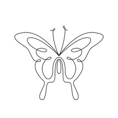 BUTTERFLY LINE ART. Vector butterfly. Continuous Line butterfly wings. Graphic Vector for print poster, sticker tattoo, tee with summer insect. One Line black simple Illustration on White Background