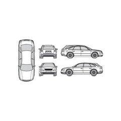 sedan car outline, year 1999, isolated white background, front, back, top and side view