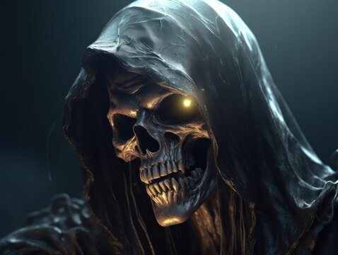 Halloween concept. Scary grim reaper skeleton in the forest Created with Generative AI technology