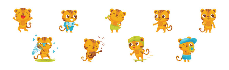 Cute Striped Tiger Engaged in Different Activity Vector Set