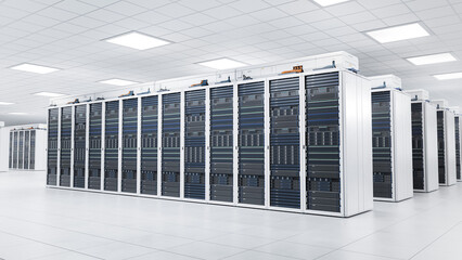White Server Cabinets inside Bright and Clean Large Data Center. Artificial Intelligence and Large Language Model Training Cluster. Supercomputer and Advanced Cloud Computing Concept.