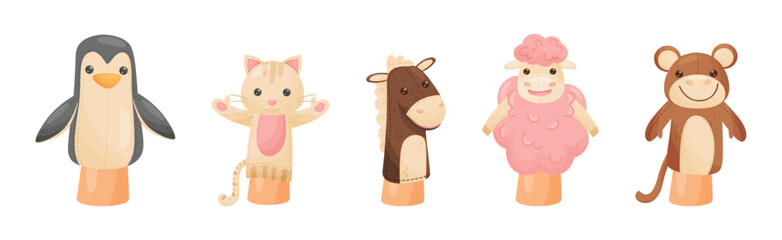 Fototapeta premium Hand Puppet Toy Made from Fabric Wore by Hand Vector Set