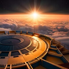 Beautiful sunset over the white fluffy clouds from the top floor of a skyscraper, Generative Ai 