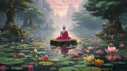 Free photo buddhism statue in floral garden scene
