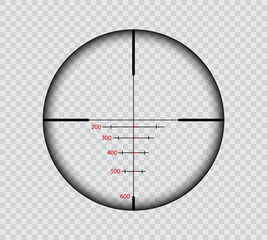 Military sniper rifle scope. Army weapon aim cross, target shooting sight or hunting gun realistic vector scope transparent frame. Army optical rifle crosshair or reticle