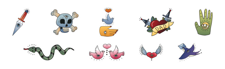 Old School Tattoo Elements and Symbols Vector Set
