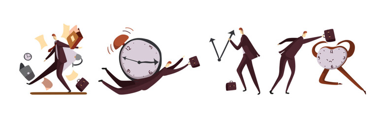 Man Office Worker with Clock as Time Management and Workload Deadline Pressure Vector Set