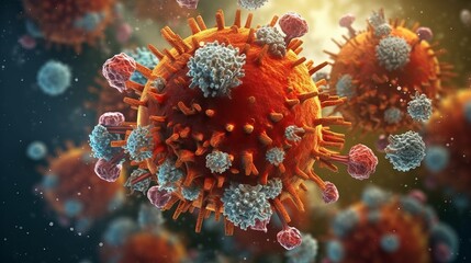 Fototapeta na wymiar Covid-19 virus, Coronavirus pandemic, health threatening influenza virus (3d microbiology rendering banner) generative ai