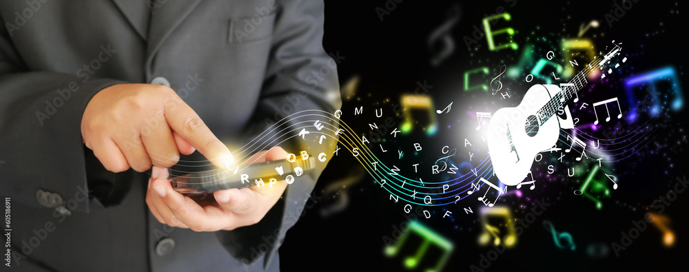 Poster text to music concept by generative ai. language audio model technology. hands using smartphone turn