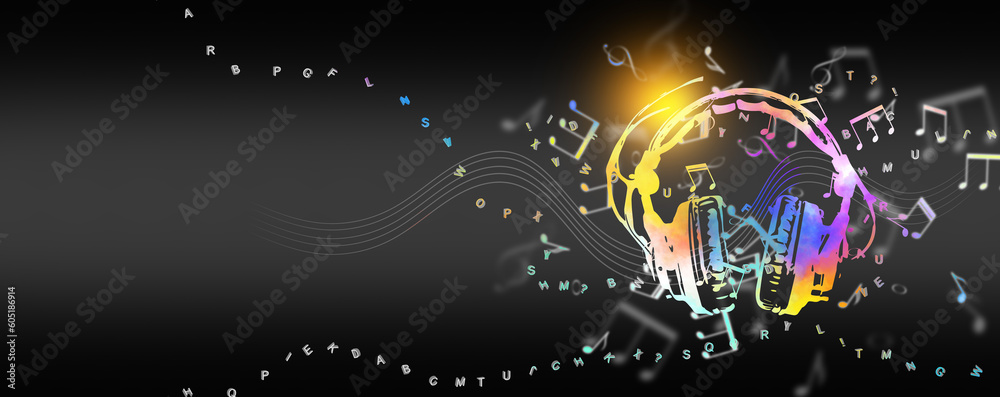 Poster text to music concept by generative ai. language audio model technology. melodies are generated from